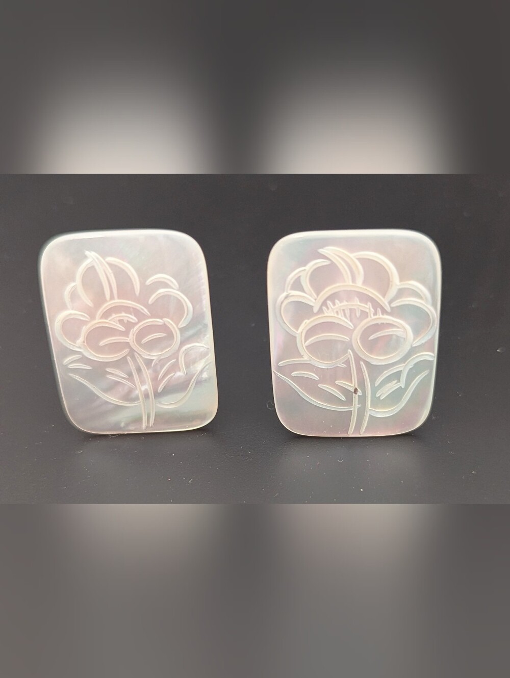 Iridescent White Mother-of-Pearl-Like Floral Engraved Pierced Earrings